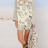 Collared V Neck Shirt and Side Slit Shorts Vitamin Sea Print Set