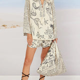 Collared V Neck Shirt and Side Slit Shorts Vitamin Sea Print Set