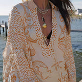 Collared V Neck Shirt and Side Slit Shorts Vitamin Sea Print Set