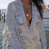 Collared V Neck Shirt and Side Slit Shorts Vitamin Sea Print Set