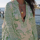 Collared V Neck Shirt and Side Slit Shorts Vitamin Sea Print Set