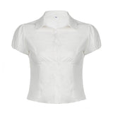 White Vintage Slim Waist V Neck Short Sleeve Shirt