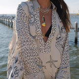 Collared V Neck Shirt and Side Slit Shorts Vitamin Sea Print Set