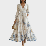 Watercolor Floral Pleated Maxi Dress with V-Neckline