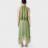 Kaia - Satin Blouse with Lace Trim and Pleated Neckline in Set