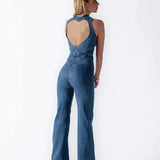 Denim Jumpsuit - Heart-Shaped Back Cutout