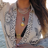 Collared V Neck Shirt and Side Slit Shorts Vitamin Sea Print Set