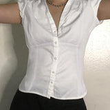 White Vintage Slim Waist V Neck Short Sleeve Shirt