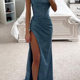 Romantic Sequin Maxi Dress with Round Neck, Corset Detail, and Split
