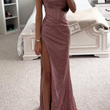 Romantic Sequin Maxi Dress with Round Neck, Corset Detail, and Split