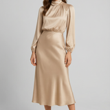 Women's Elegant High-Waist Satin Midi Dress