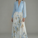 Women's Ascot Elegant Blue Floral Sheer Maxi Dress