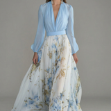 Women's Ascot Elegant Blue Floral Sheer Maxi Dress