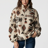 Women’s Cosy Fleece Zip-Up Sweatshirt – Geometric Winter Print