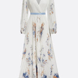 Watercolor Floral Pleated Maxi Dress with V-Neckline