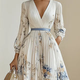 Watercolor Floral Pleated Maxi Dress with V-Neckline