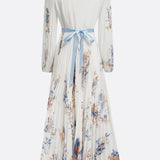 Watercolor Floral Pleated Maxi Dress with V-Neckline