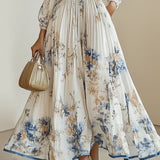 Watercolor Floral Pleated Maxi Dress with V-Neckline