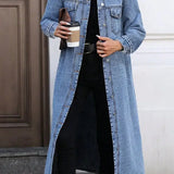 Long Denim Jacket with Relaxed Button-Front Fit
