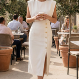 Elegant Midi Dress with Button Detail and Side Slit