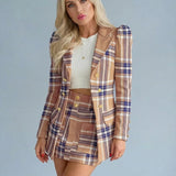 Checked Co-Ord Set Blazer Mini Skirt Double Breasted