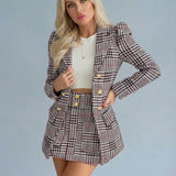 Checked Co-Ord Set Blazer Mini Skirt Double Breasted