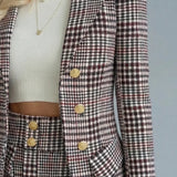 Checked Co-Ord Set Blazer Mini Skirt Double Breasted