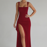 Women’s Elegant Bodycon Slip Maxi Dress with Leg Split and Open Back