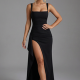 Women’s Elegant Bodycon Slip Maxi Dress with Leg Split and Open Back