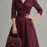 Women’s Ascot Elegant Wrap Midi Dress with Flared Skirt