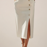 Elegant Midi Dress with Button Detail and Side Slit