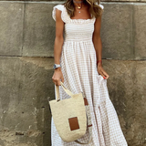 Smocked Gingham Maxi Dress With Ruffle Sleeves