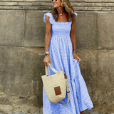 Smocked Gingham Maxi Dress With Ruffle Sleeves