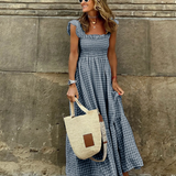 Smocked Gingham Maxi Dress With Ruffle Sleeves