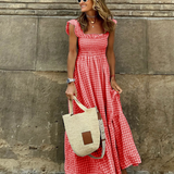 Smocked Gingham Maxi Dress With Ruffle Sleeves