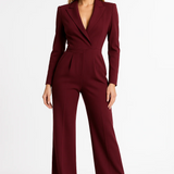 Women’s Jumpsuit – Tailored Fit – V-Neck – Long Sleeve – Wide Leg Elegant Style