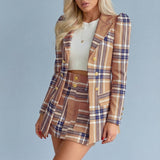 Checked Co-Ord Set Blazer Mini Skirt Double Breasted