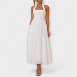 Lydia - Mid-Length Black Halter Dress with Waist Detail