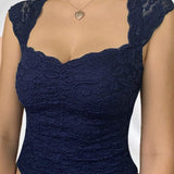 Vintage Dark Blue Lace Short Sleeve Top