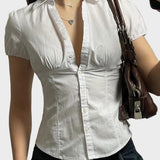 White Vintage Slim Waist V Neck Short Sleeve Shirt