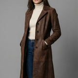 Women’s Dark Brown Leather Style Spring H-Line Mid Length Coat