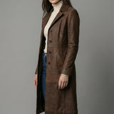 Women’s Dark Brown Leather Style Spring H-Line Mid Length Coat