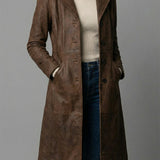 Women’s Dark Brown Leather Style Spring H-Line Mid Length Coat