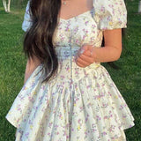 French Floral Corset Slim Mini Dress with Puff Sleeve