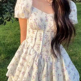 French Floral Corset Slim Mini Dress with Puff Sleeve