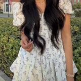 French Floral Corset Slim Mini Dress with Puff Sleeve