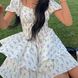 French Floral Corset Slim Mini Dress with Puff Sleeve