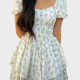 French Floral Corset Slim Mini Dress with Puff Sleeve