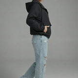Women’s Black Cropped Spring Jacket Lightweight Hooded Casual Outerwear