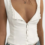 White Vintage Button Front Tank Top with Lace Trim